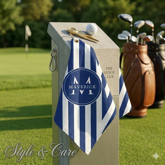 Serviette De Golf Elegant Custom Name and Initials Navy White Stripe