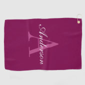 Serviette De Golf Élégant Magenta Rouge, rose & blanc Nom & Monogram (Horizontal)