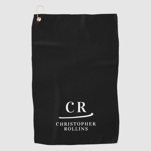 Serviette De Golf Élégant Moderne Monogramme Initiales Nom Noir (Devant)