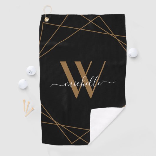Serviette De Golf Élégant Monogram Black Gold Nom de script (En situation)