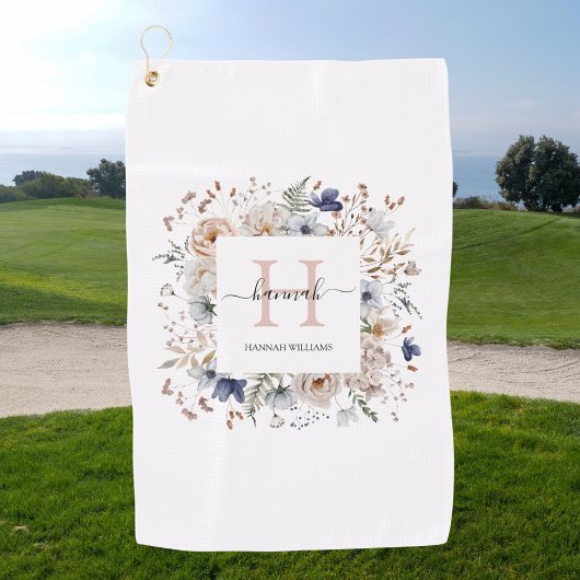 Serviette De Golf Elegant Monogram Pretty Beige Blue Flowers Floral