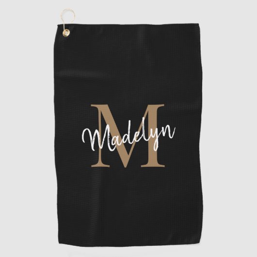 Serviette De Golf Élégant Monogramme Black Gold Girly Nom de script (Devant)