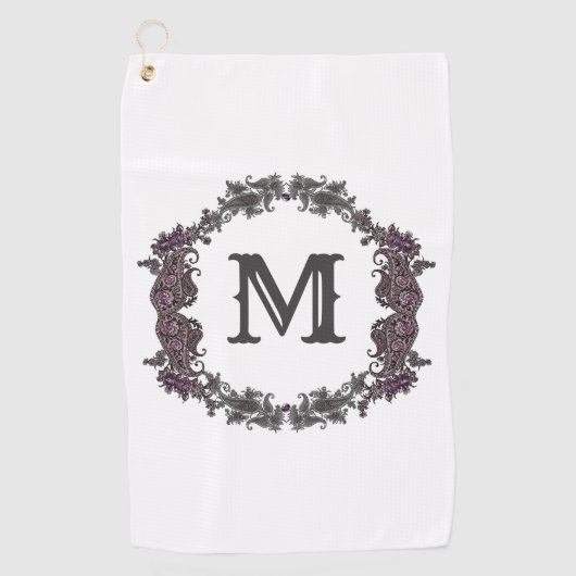 Serviette De Golf Élégant Monogramme encadré de violet et d'argent (Devant)