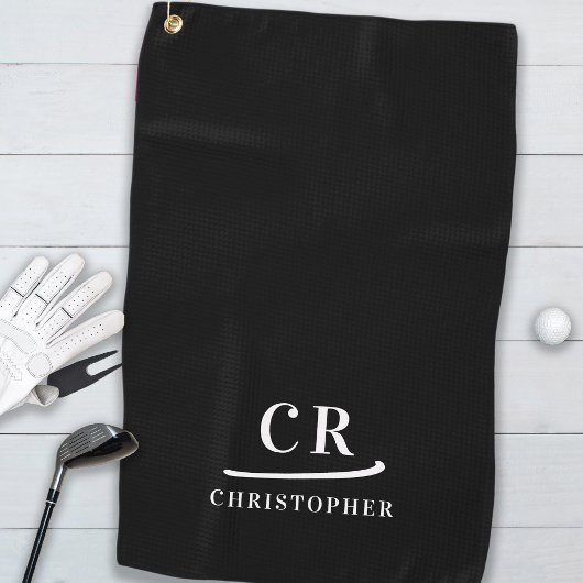 Serviette De Golf Élégant Monogramme moderne Initiales Nom Noir Blan