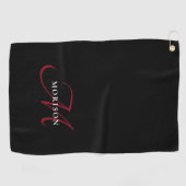 Serviette De Golf Élégant Monogramme moderne noir rouge (Horizontal)