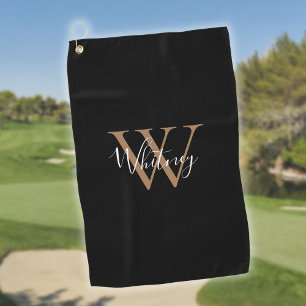 Serviette De Golf Élégant Monogramme Script Black Gold Blanc