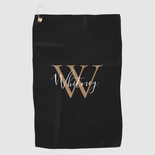 Serviette De Golf Élégant Monogramme Script Black Gold Blanc (Devant)