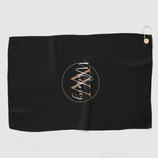 Serviette De Golf Élégant Monogramme Script Blanc Noir et Or (Horizontal)