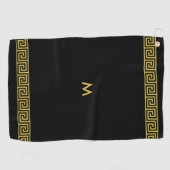 Serviette De Golf Elégant Motif grec d'or et Monogramme sur Noir (Horizontal)