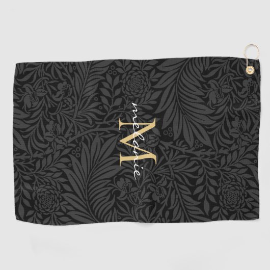 Serviette De Golf Élégant noir floral or Script Monogramme (Horizontal)