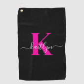 Serviette De Golf Élégant Noir Hot Rose Script Monogramme (Devant)