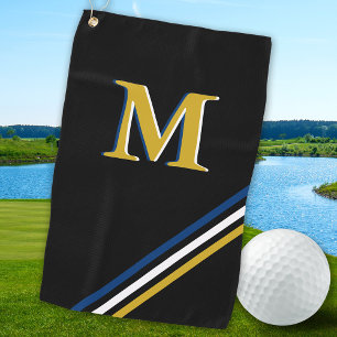 Serviette De Golf Élégant Noir Or Personnalisé Monogrammes Bandes