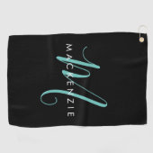 Serviette De Golf Élégant Noir Turquoise Script Monogramme moderne (Horizontal)