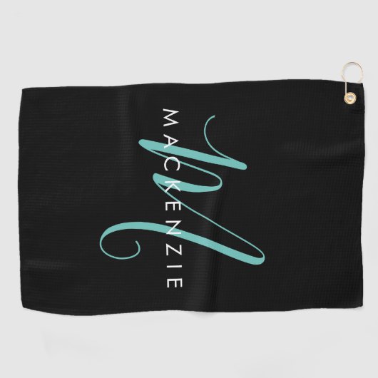 Serviette De Golf Élégant Noir Turquoise Script Monogramme moderne (Horizontal)