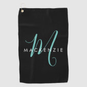 Serviette De Golf Élégant Noir Turquoise Script Monogramme moderne (Devant)