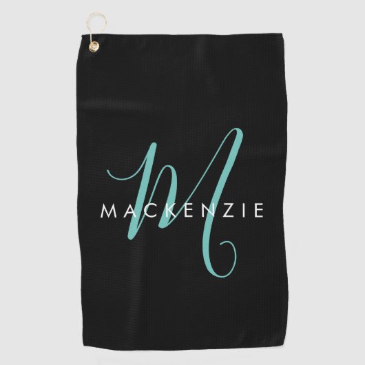Serviette De Golf Élégant Noir Turquoise Script Monogramme moderne (Devant)