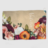 Serviette De Golf Élégant Nom Floral Script Customisé Rustique (Horizontal)
