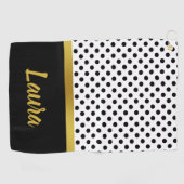 Serviette De Golf Élégant Points Noirs et Blancs Nom en Script Or (Horizontal)