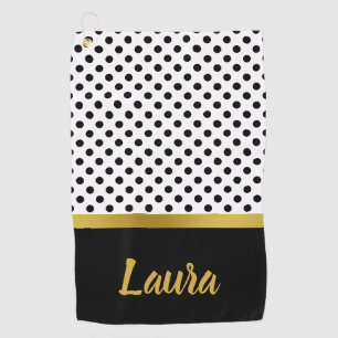 Serviette De Golf Élégant Points Noirs et Blancs Nom en Script Or