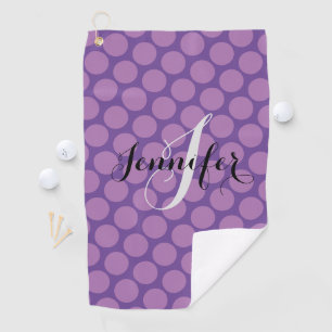 Serviette De Golf Élégant purple Polka Script personnalisé