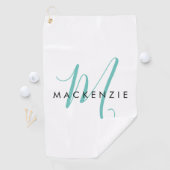 Serviette De Golf Élégant Turquoise de script blanc moderne Monogram (En situation)