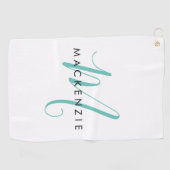Serviette De Golf Élégant Turquoise de script blanc moderne Monogram (Horizontal)