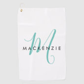 Serviette De Golf Élégant Turquoise de script blanc moderne Monogram (Devant)
