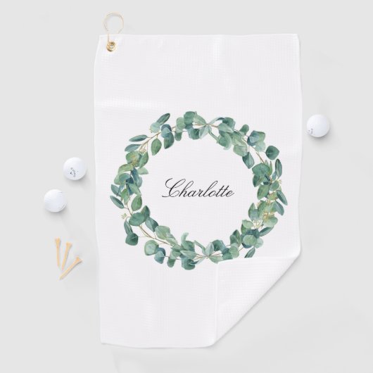 Serviette De Golf Eucalyptus nom vert script blanc (En situation)