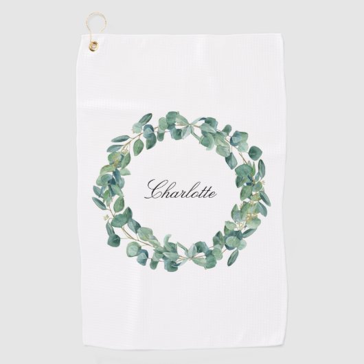 Serviette De Golf Eucalyptus nom vert script blanc (Devant)