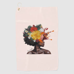 Serviette De Golf Femme afro-américaine aux cheveux noirs floraux (2