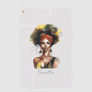 Serviette De Golf Femme noire portant un foulard ethnique