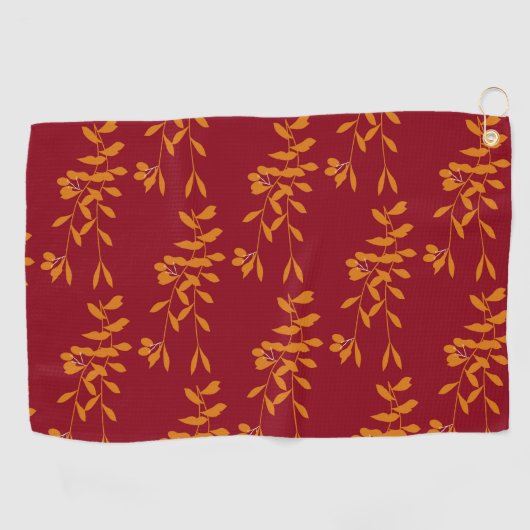 Serviette De Golf Feuilles de branches de silhouette orange sur roug (Horizontal)