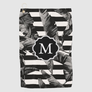 Serviette De Golf Feuilles tropicaux noirs et blancs