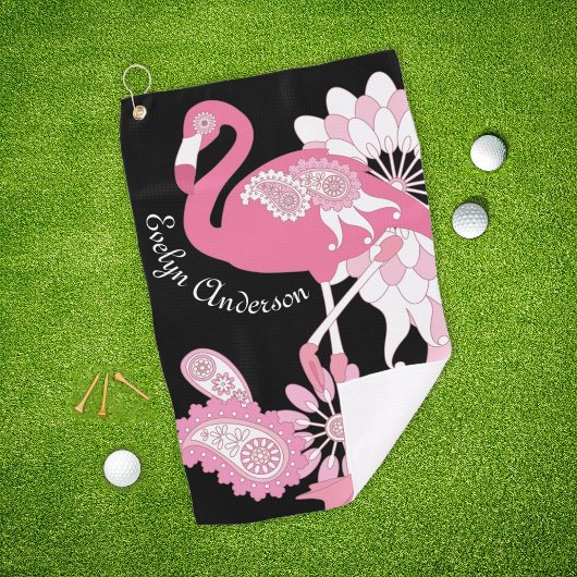 Serviette De Golf Flamant rose moderne personnalisé noir rose