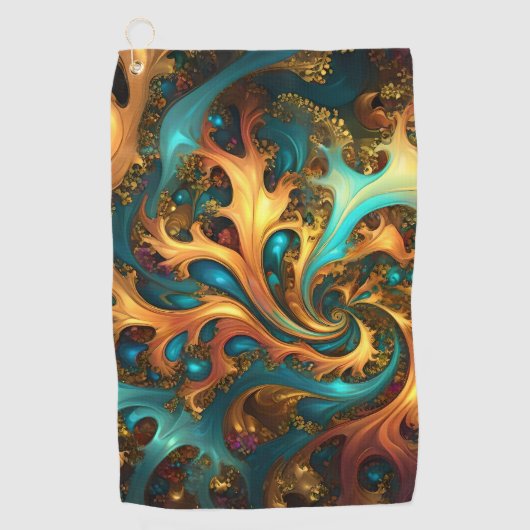 Serviette De Golf Flammes Abstraites or Turquoise orange, (Devant)