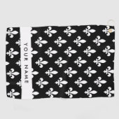 Serviette De Golf Fleur de Lis, Blanc sur Noir, Blanc, Votre Nom (Horizontal)