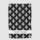 Serviette De Golf Fleur de Lis, Blanc sur Noir, Blanc, Votre Nom (Devant)