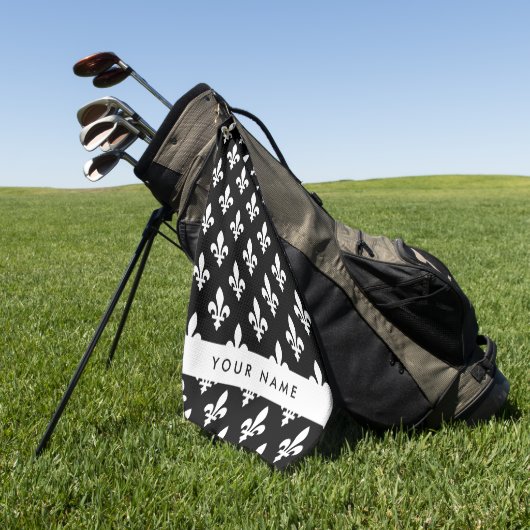 Serviette De Golf Fleur de Lis, Blanc sur Noir, Blanc, Votre Nom (Vert)