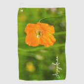 Serviette De Golf Fleur De Pavot Orange Photo Vert Avec Nom (Devant)
