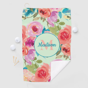 Serviette De Golf Fleurs aquarelles rose violet feuilles de thé vert