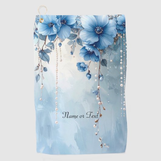 Serviette de golf Fleurs bleues et perles (Devant)