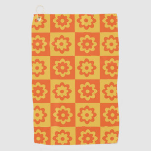 Serviette De Golf Fleurs hippies rétro sur damier jaune orange