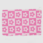 Serviette De Golf Fleurs Rétro à Damier Rose Chaud et Blanc (Horizontal)