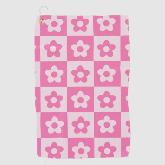 Serviette De Golf Fleurs Rétro à Damier Rose Chaud et Blanc (Devant)