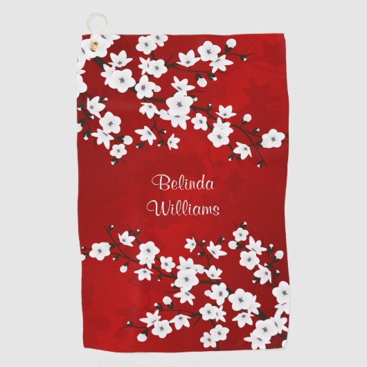 Serviette De Golf Fleurs rouges de cerisiers noirs et blancs (Devant)