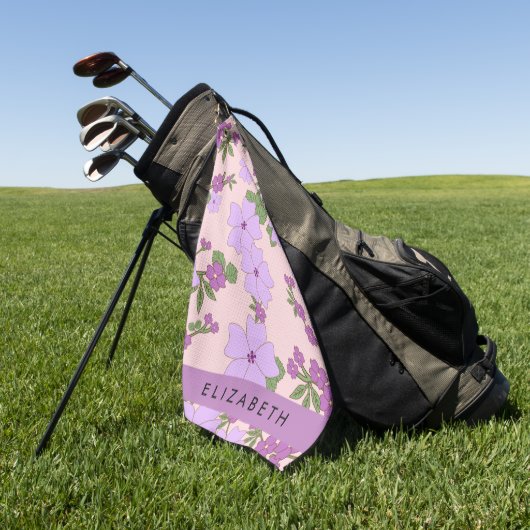 Serviette De Golf Fleurs Violettes, Motif De Fleurs, Votre Nom (Vert)
