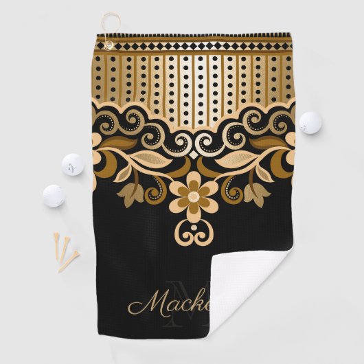 Serviette De Golf Floral Abstrait noir et or (En situation)