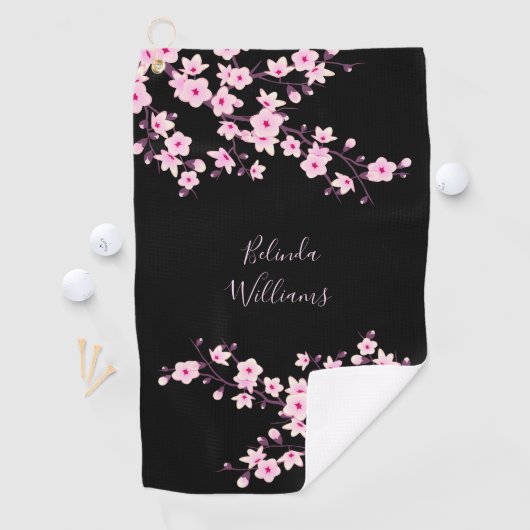 Serviette De Golf Floral Pink Black Cherry Blossom Monogram (En situation)