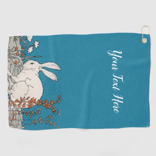 Serviette De Golf Fluffy White Rabbit assis en Fleurs Bleu (Horizontal)