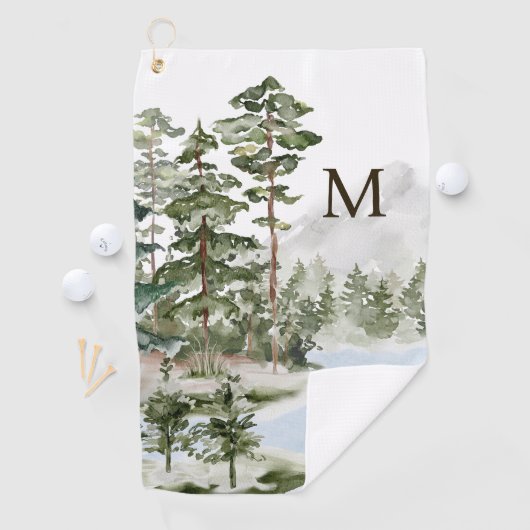 Serviette De Golf Forêt de pin vert monogramme et lac (En situation)